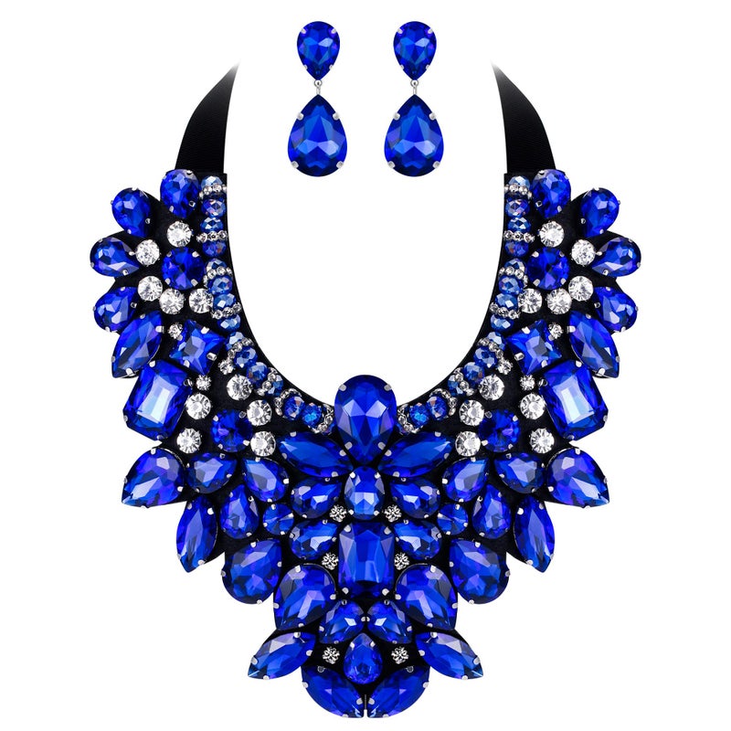 Flyonce Costume Jewelry for Women, Rhinestone Crystal Statement Necklace Earrings Set Blue - Image 1